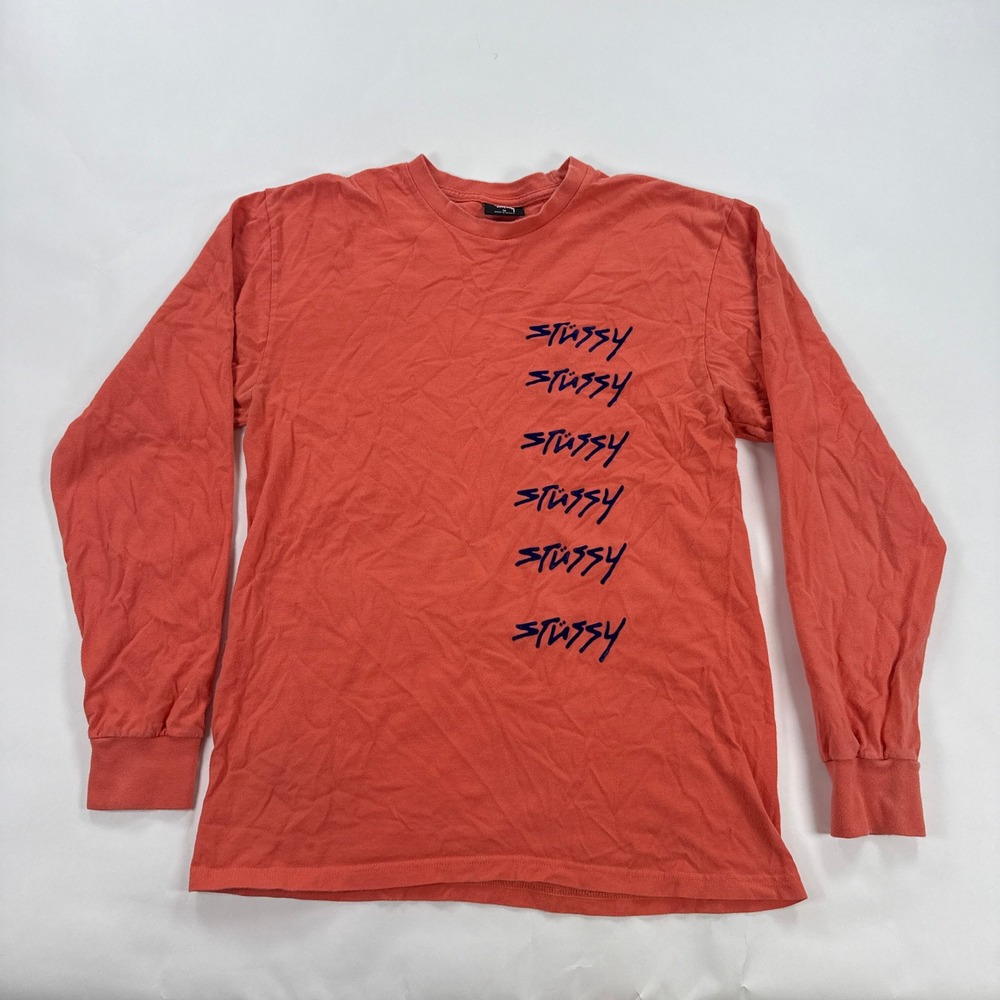 Stussy Mens Shirt Medium Coral Orange Stacked Logo Graphic Long Sleeve Tee